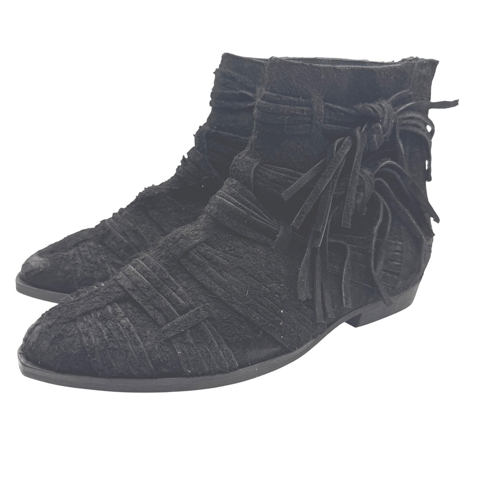 Free People Decades Ankle Boots EU 37 Women's Size 6.5 Black Leather Fringe Zip